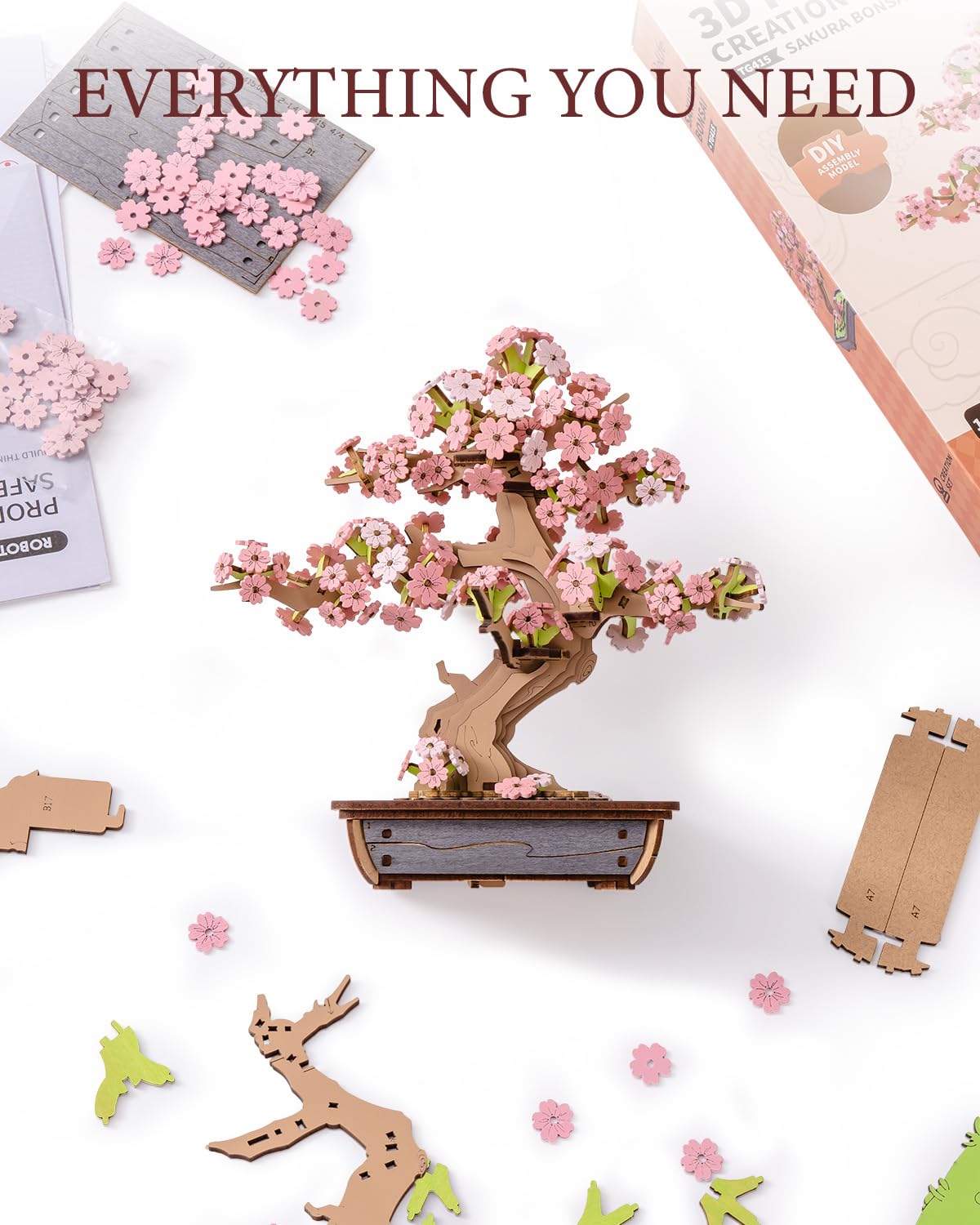 Rolife Puzzle 3D Sakura y Pino Perpetuo Bonsái Kits de Modelos de Madera para Adultos para Construir Decoración del Hogar Regalos Creativos para Adultos y Niños (Bonsái de Sakura)