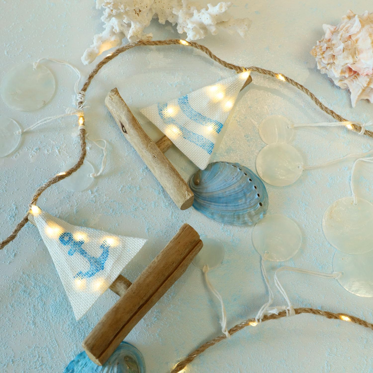 MIYA LIFE Nautical Decor Sailboat Ocean Light with Capiz Wind Chimes - 6.5FT 70LED Beach Garland with Lights Battery Operated with Remote for Coastal Room Beach Decor