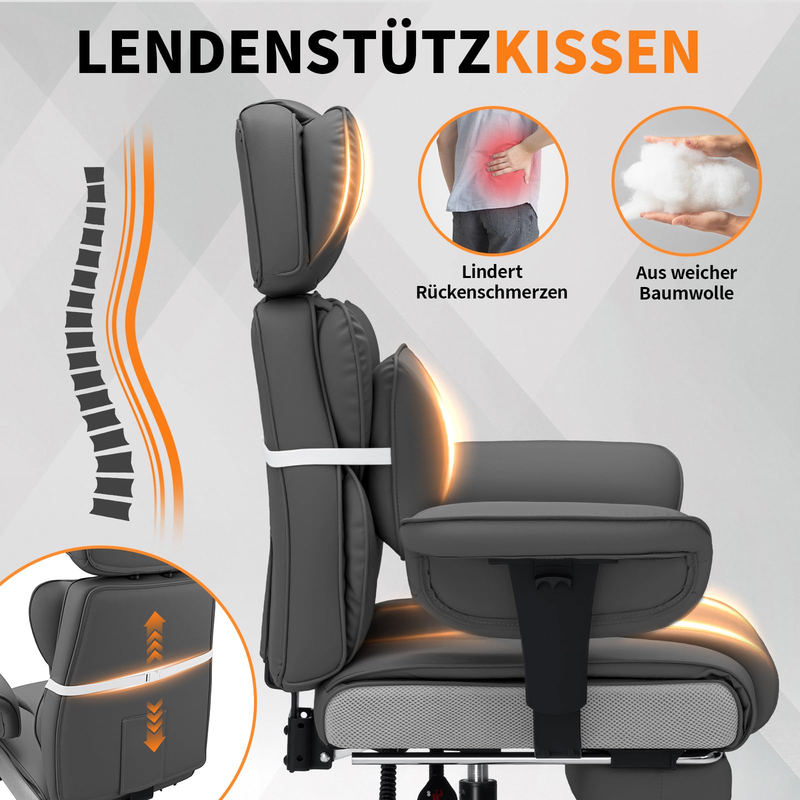 HOFFREE Ergonomischer Bürostuhl mit Fußstütze für Büro(Hellgrau) | PU Leder Chefsessel mit 155°Liegefunktion,Verstellbare Armlehnen und Kopfstütze,Gaming Stuhl 200kg für Schlafzimmer
