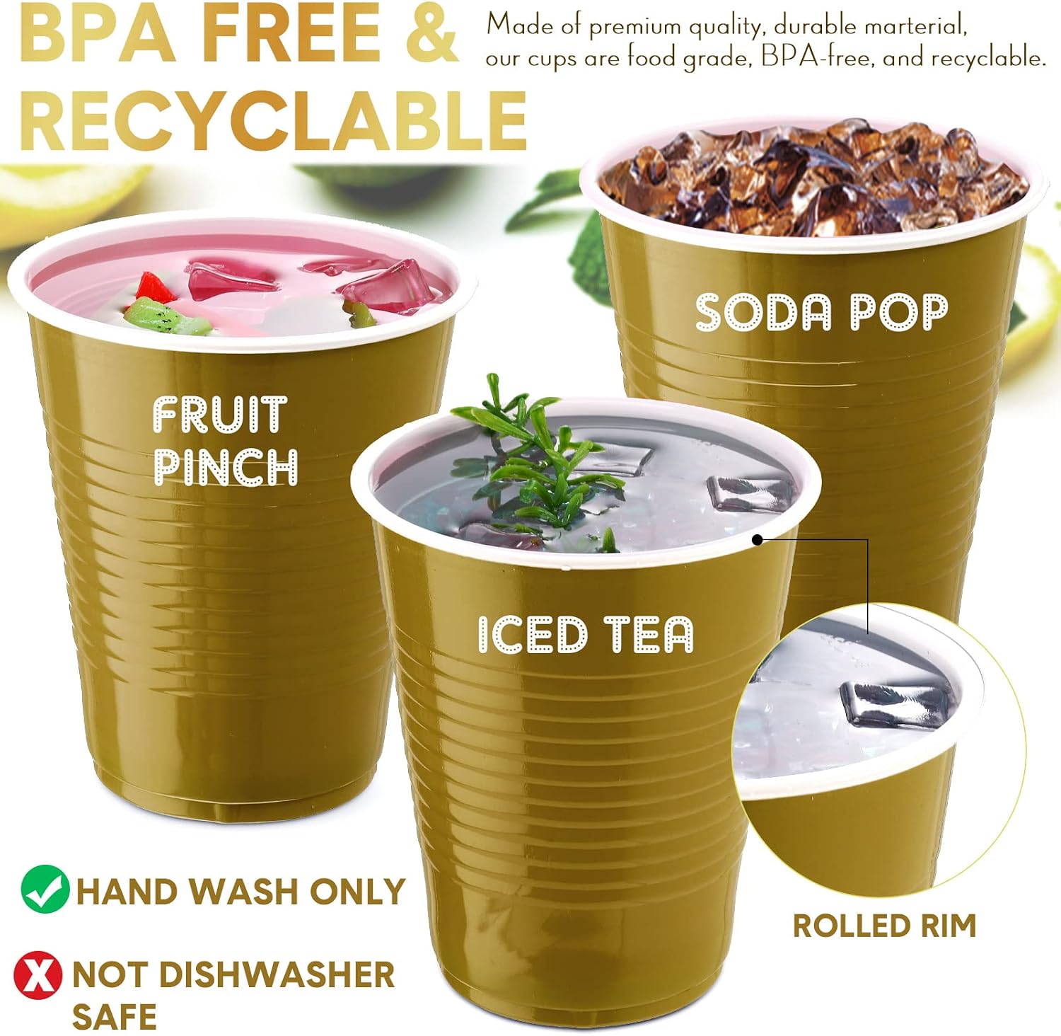 Zopeal 200 Pcs Plastic Cup Bulk 18 oz Disposable Tumblers Wedding Hard Plastic Party Wine Cups Fancy Beverage Drinking Soda Cocktail Glasses for Wedding Birthday Christmas(Gold)