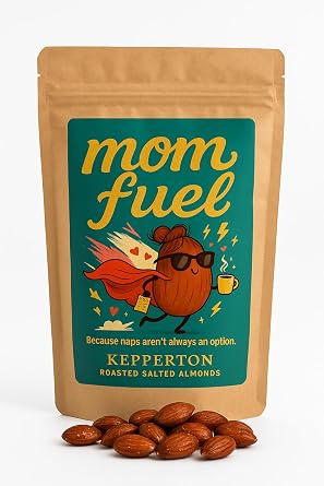 Kepperton Mom Fuel | Gourmet Roasted Salted Almonds Gag Gift - Premium Handcrafted Snack for Moms, Humor Gift for Birthdays, Christmas, White Elephant, Office Parties