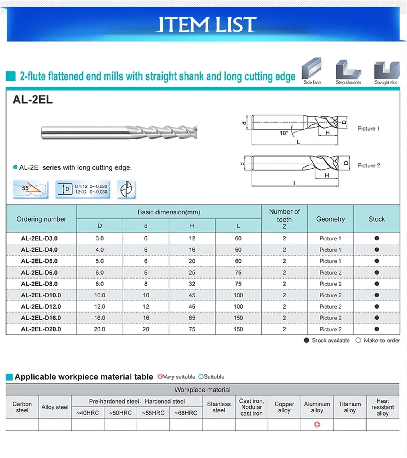 Accessori per Torni AL-2E AL-2EL 1-20mm Punta per fresa a codolo cilindrico Fresa in alluminio non rivestito in metallo duro integrale ad alta efficienza di lavorazione da 6 mm(1PC,AL-2EL-D16.0)