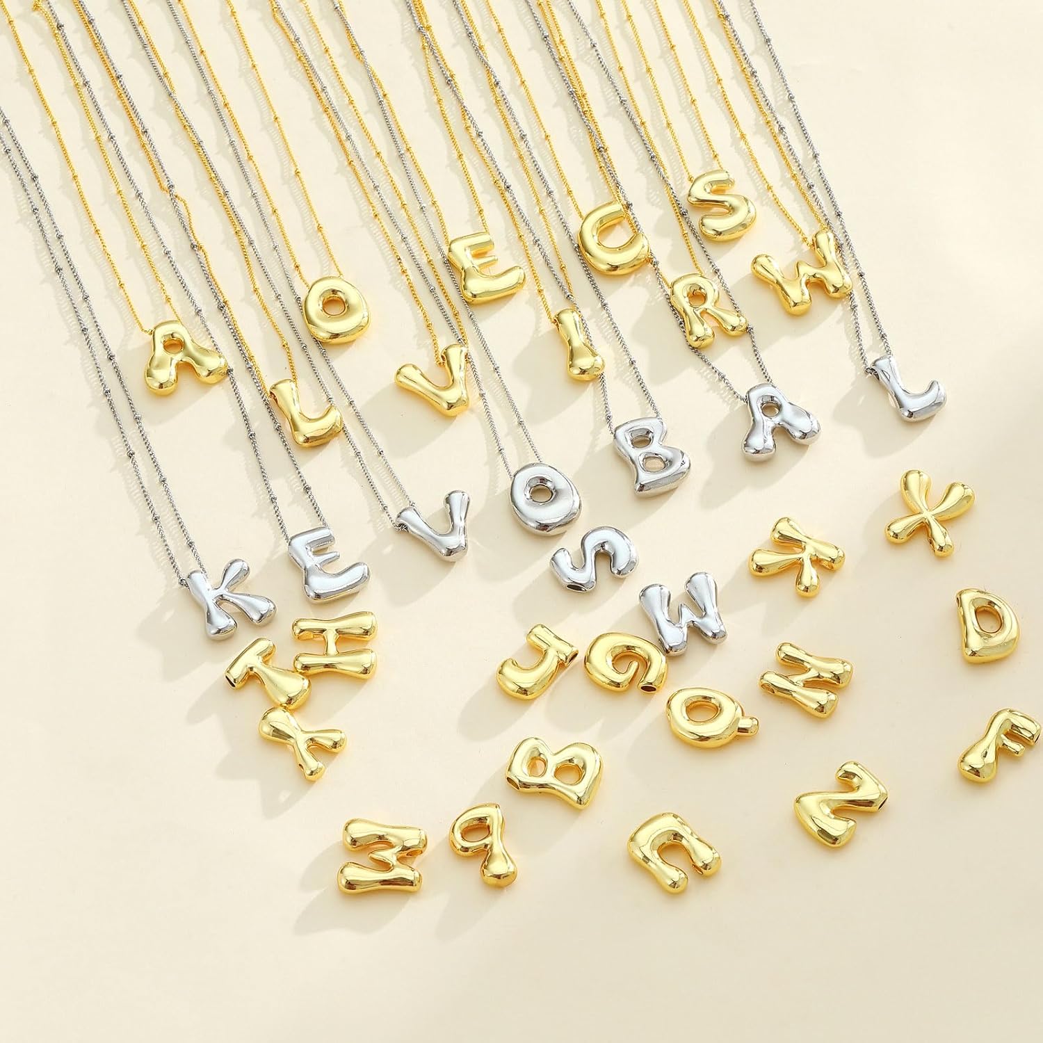 14K Gold Plated Bubble Letter Necklace 3D Initial Pendant with Beaded Chain Personalized Name Jewelry for Women - Image 9