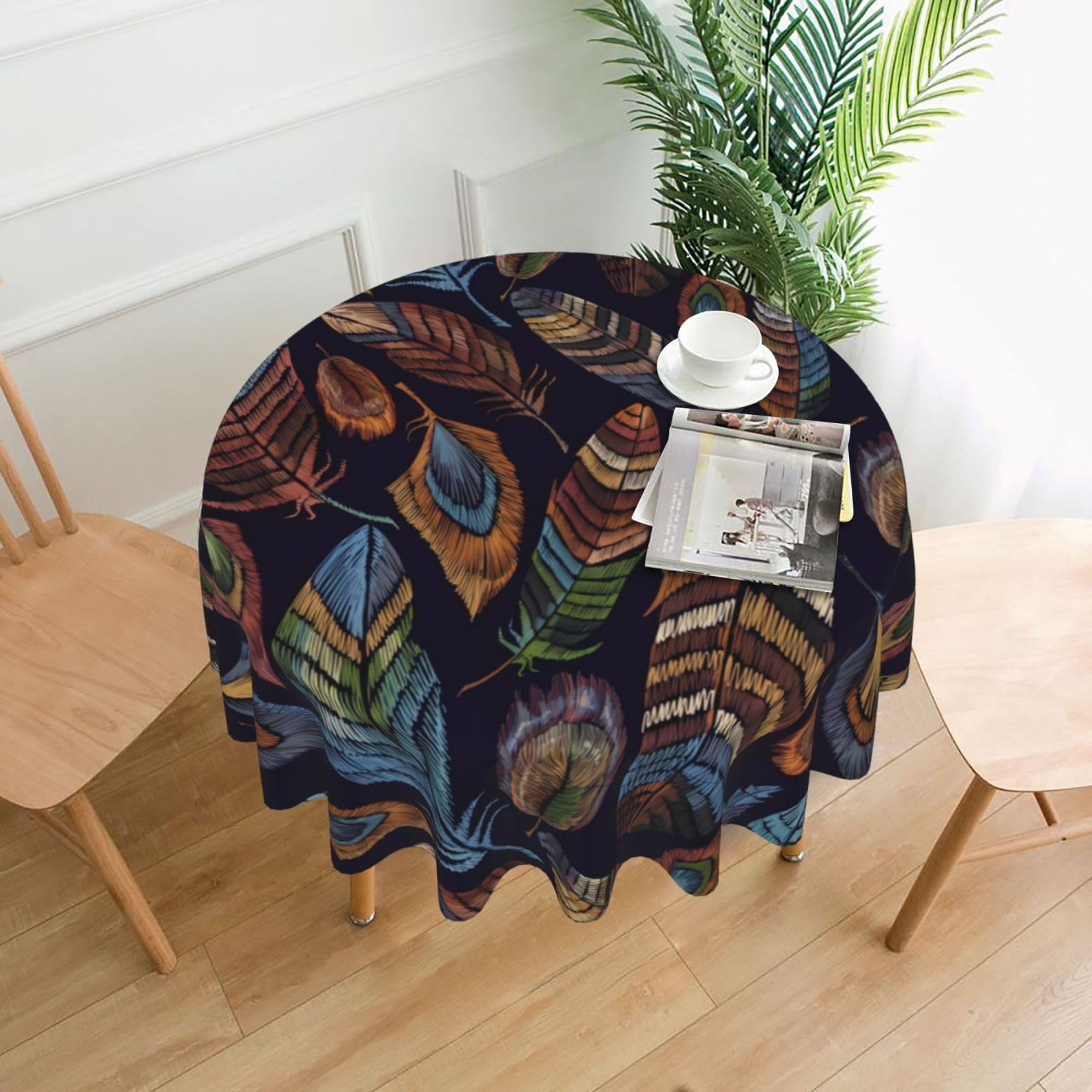 YYHHAOFA Peacock feather Prints 60in Round Decorative Tablecloth – High-Grade Polyester Throw Cover for Dining, Parties, and Outdoor Events