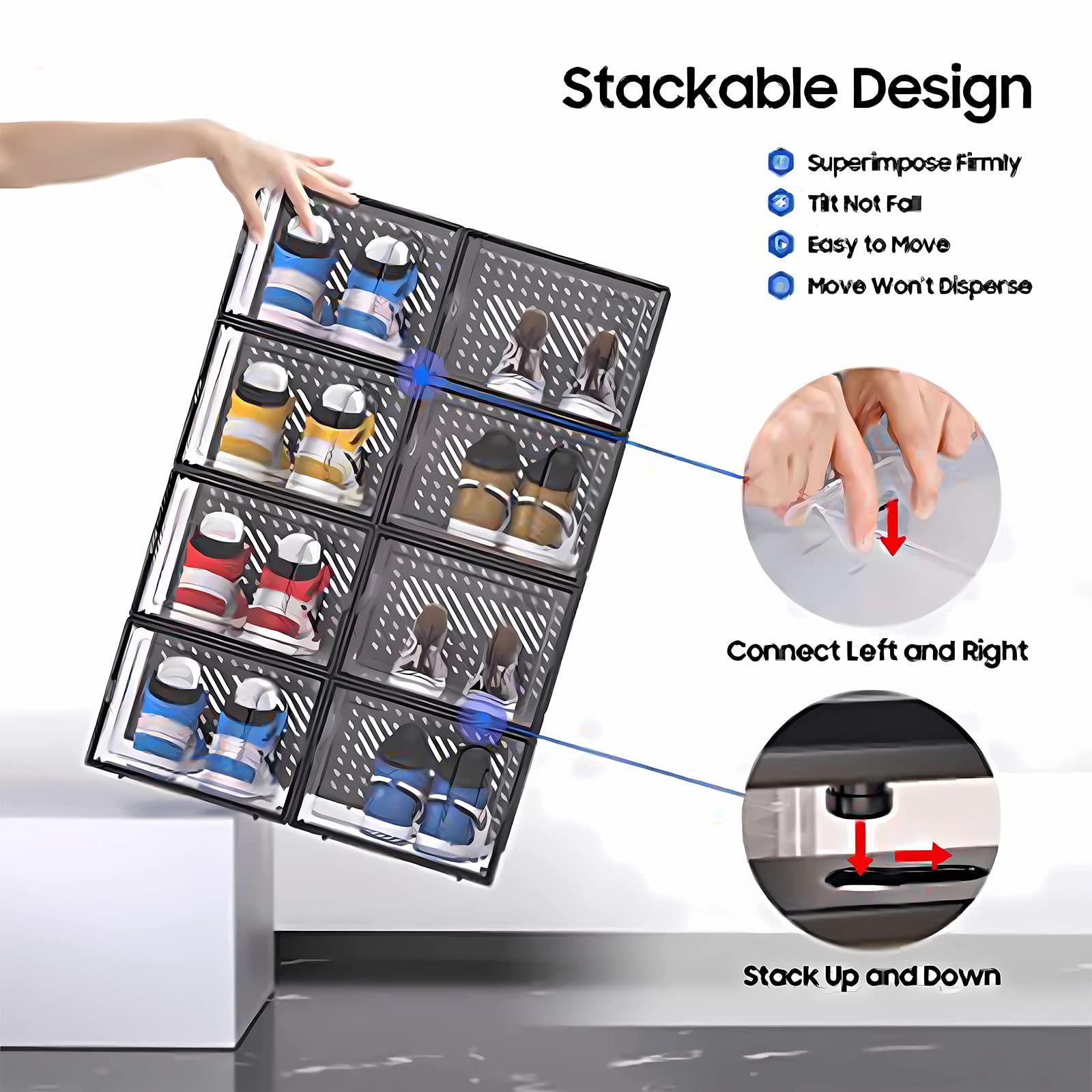 Cajas apilables de plástico transparente para zapatos, paquete de 12 cajas de almacenamiento para zapatos con puerta magnética, diseño de ventilación y a prueba de polvo, color negro
