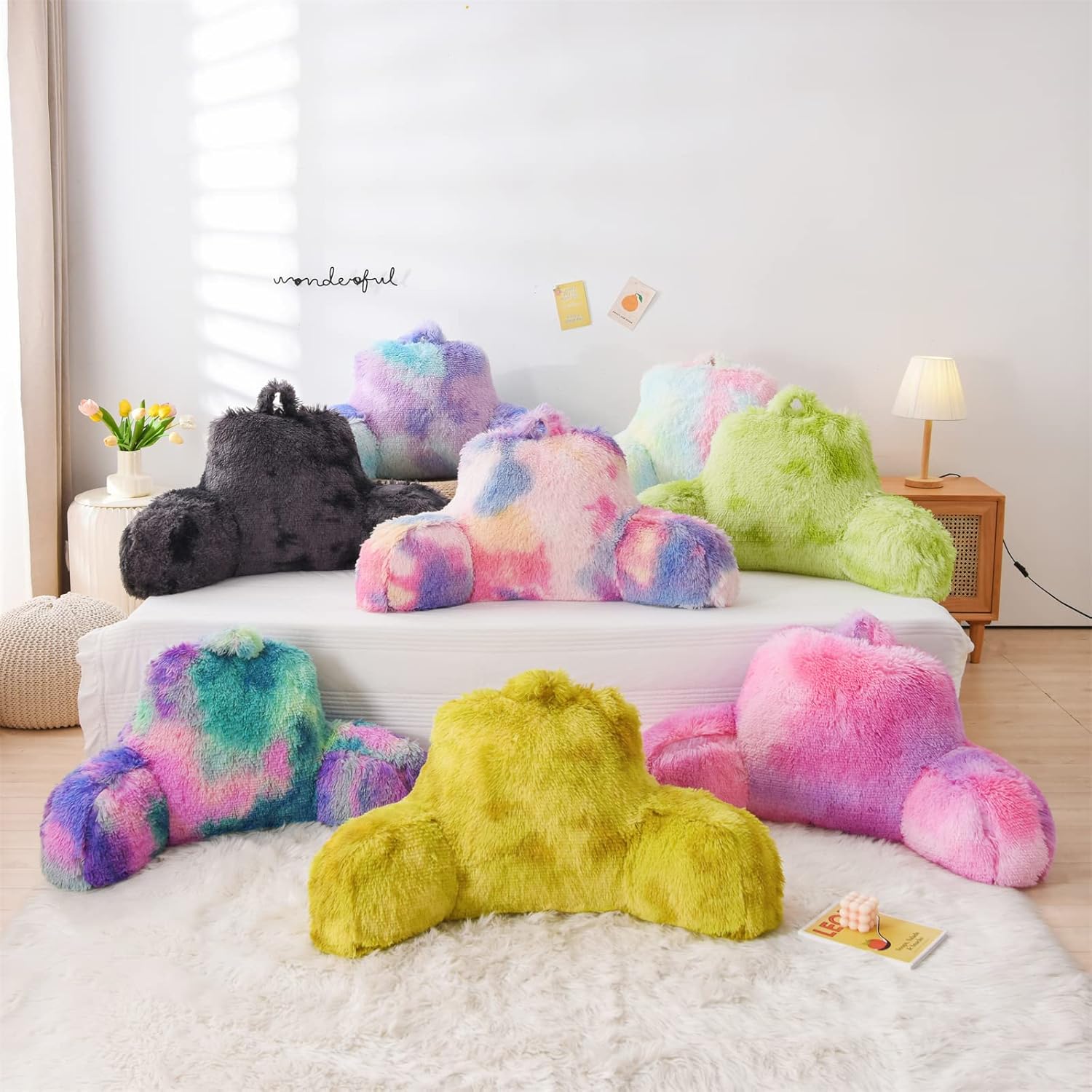 A Nice Night Faux Fur Reading Pillow Bed Wedge Large Adult Children Backrest with Arms Back Support for Sitting Up for Bedrest,PinkPurple - Image 4