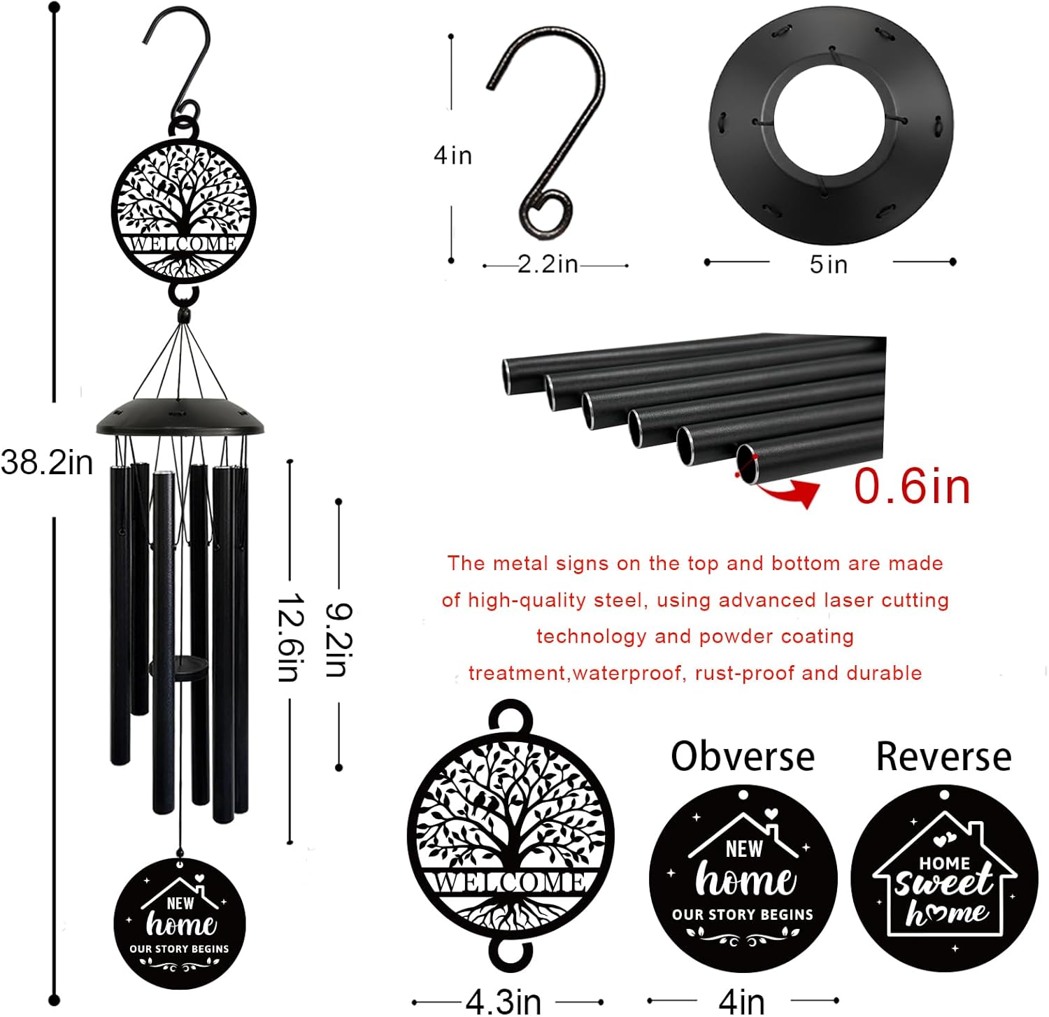 House Warming Gifts New Home, 37" Black Wind Chimes Housewarming Gifts, New Home Gift Ideas for Women Men Homeowners Couples Family Friends,Outdoor Decor for Patio,Garden,Yard