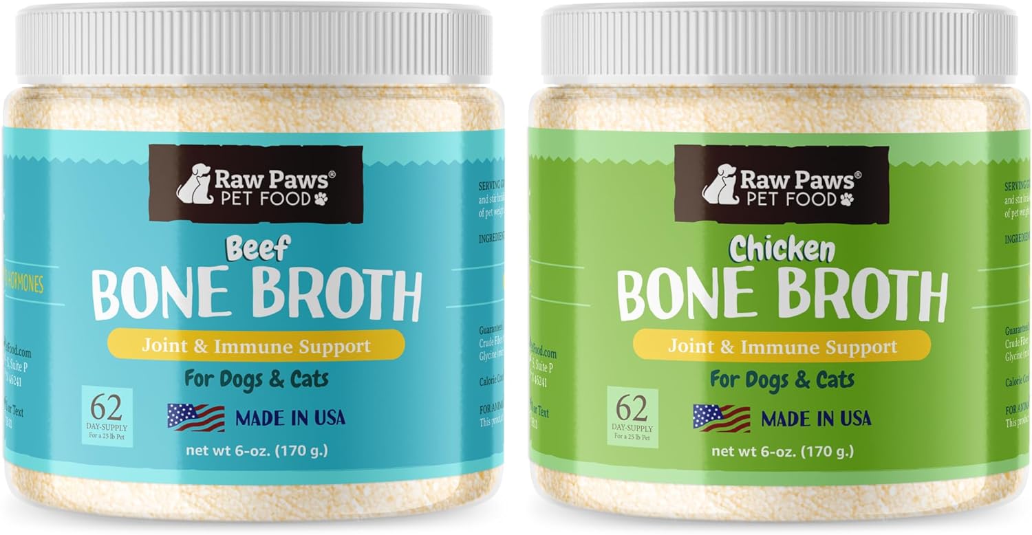 Raw Paws Bone Broth Powder Bundle - Beef Bone Broth for Dogs & Cats & Chicken Bone Broth for Dogs & Cats, 6-oz - Packed in USA - Protein Powder for Dogs and Cats - Gravy Topper for Dry Food - Supports