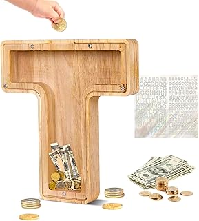 Custom Wooden Piggy Banks, CCHKFEI Coin jar Personalized Piggy Bank Creative 26 Letter DIY Storage Jar Kids Alphabet Coin Bank Savings Piggy Bank Birthday Gift Home Decoration Souvenir (T)