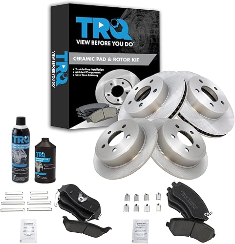 TRQ Kit de pastillas de freno delanteras y traseras y rotores Kit de productos químicos de freno, pastillas de freno de cerámica compatible con Jeep