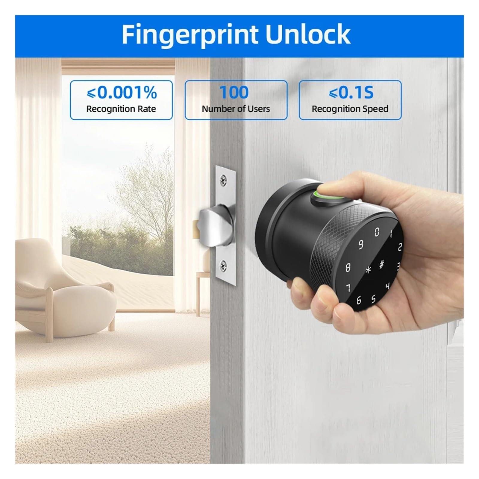 L16A Bluetooth Smart Fingerabdruck-Riegelschloss, schlüssellos, runder Knauf (Silber)