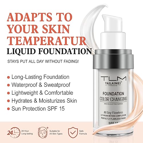 Miniatura 3 de Base de maquillaje de piel cálida que cambia de color impecable, mezcla naturalmente maquillaje de base hidratante, base líquida impermeable sin