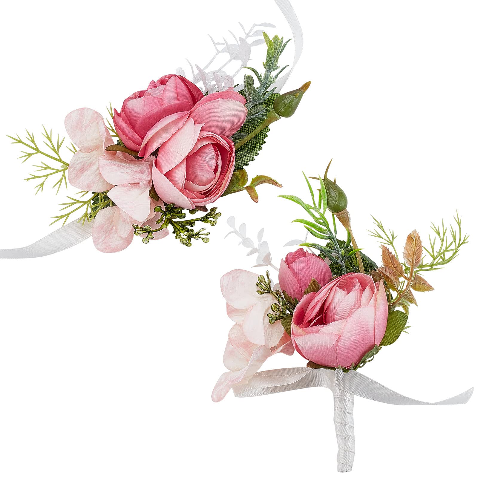 CRASPIRE 2PCS Rose Wrist Corsage Boutonniere Set Pink Artificial Bridal Wrist Flower, Wedding Bride Bridegroom Bridesmaid Wristband Silk Bracelets Flowers Decor for Wedding Prom Party