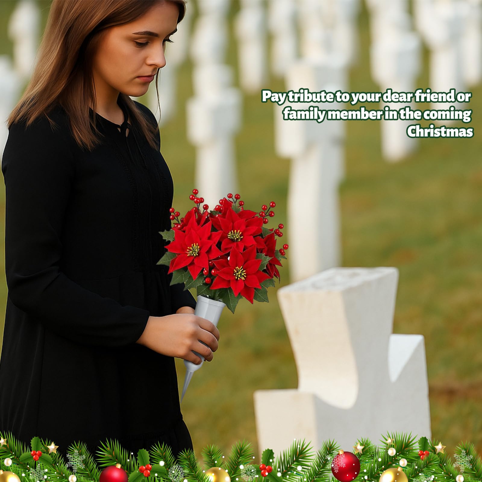 Thiccywoov Lot de 4 poinsettias artificiels de Noël avec vase pour tombe en velours rouge, bouquet de baies de cimetière, fleurs commémoratives pour décoration de cimetière