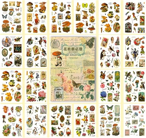 Calcomanías para álbumes de recortes, calcomanías de hongos y plantas con calcomanías estéticas de efímera, suministros de diario para álbumes de