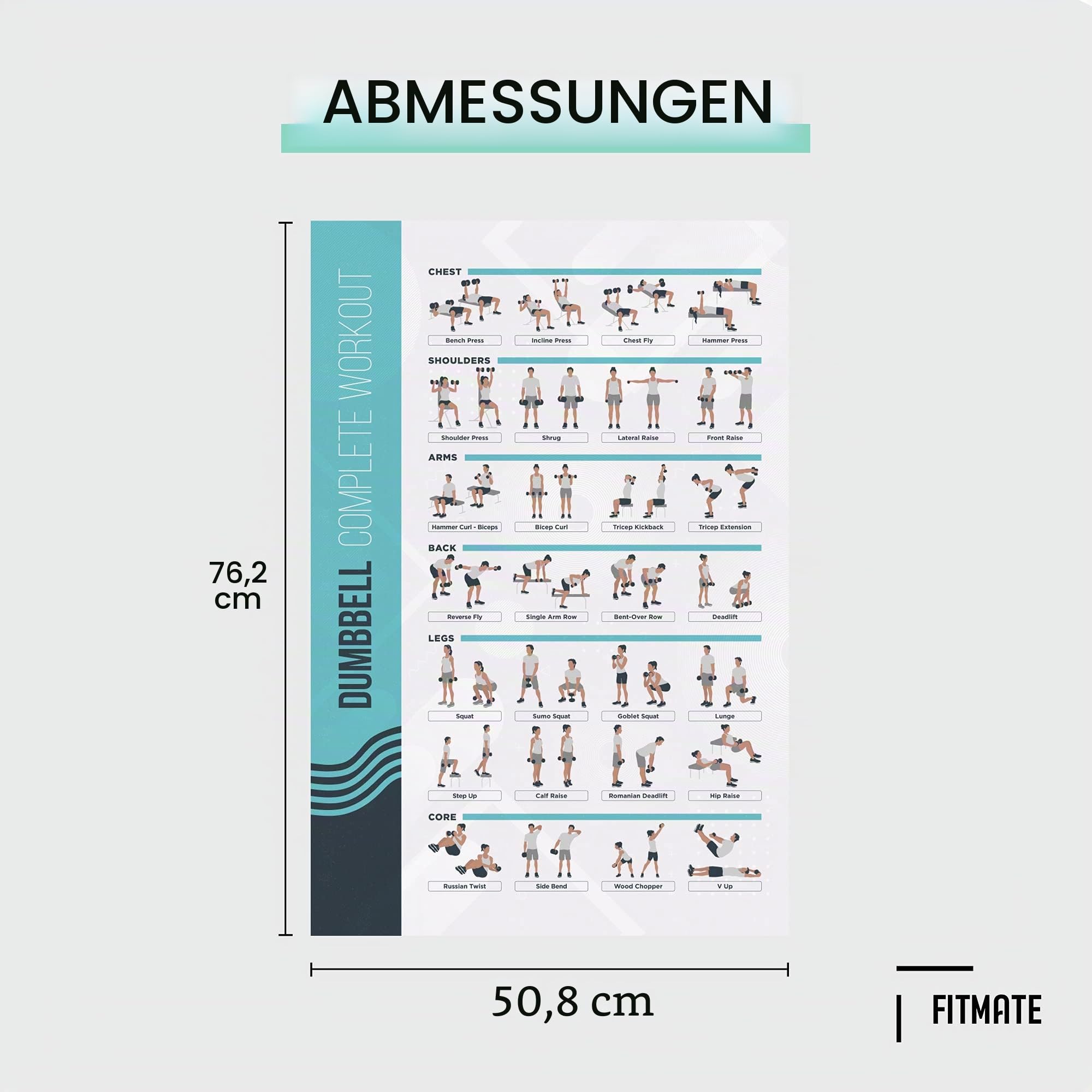 PosterMate - Profi Fitness Poster fürs Training - 8er Set - 51 x 76 cm - verschiedene Sportübungen - Perfekt geeignet für Körpergewicht, Homegym, Kurzhantel, Langhantel, Yoga, Kettlebell, Dehnen