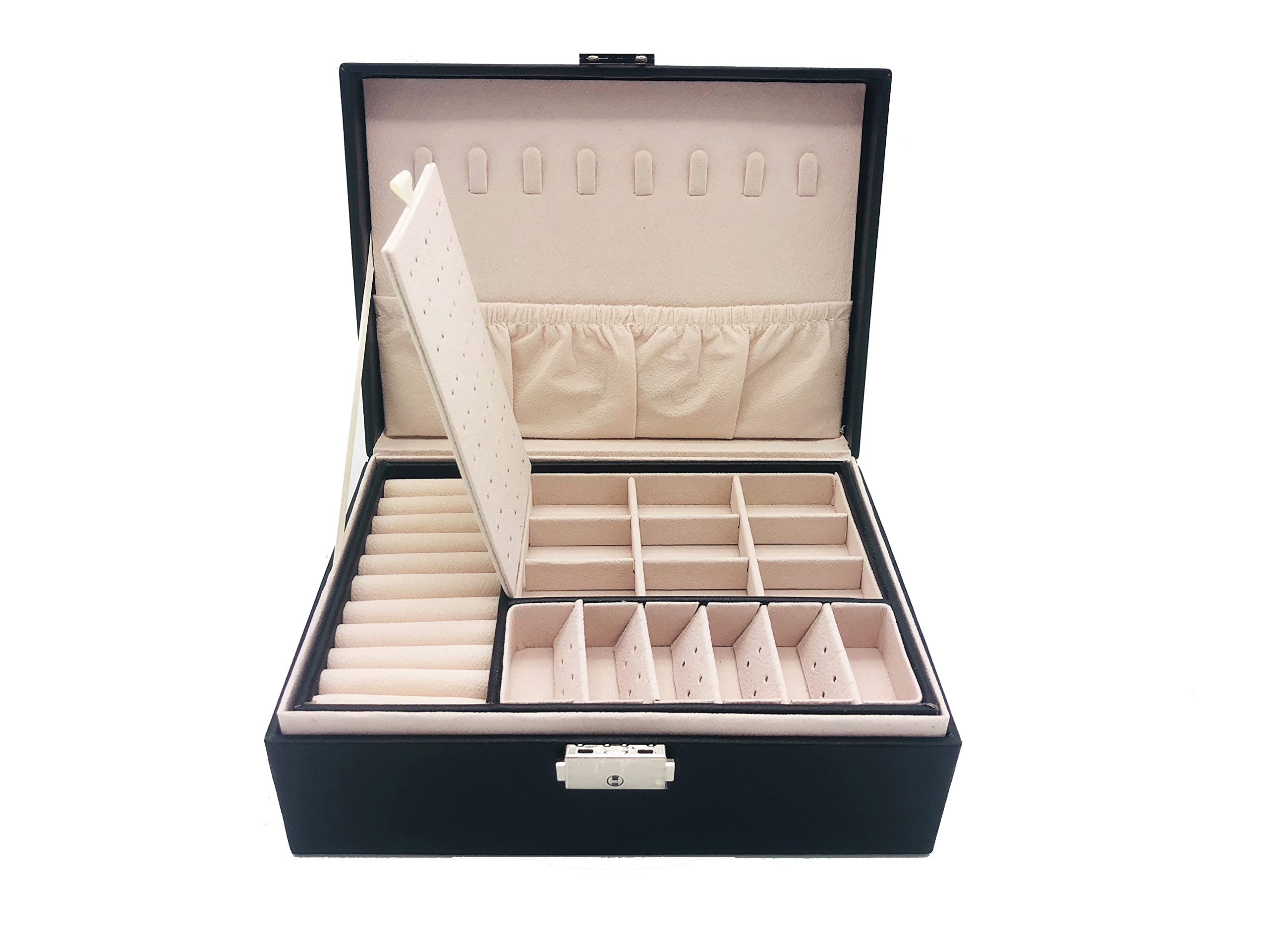 PACEKONER Jewelry Box Organizer, 2 Layers Jewelry Storage Box with Lock and Key, Jewelry Case For Women And Girls (Black)