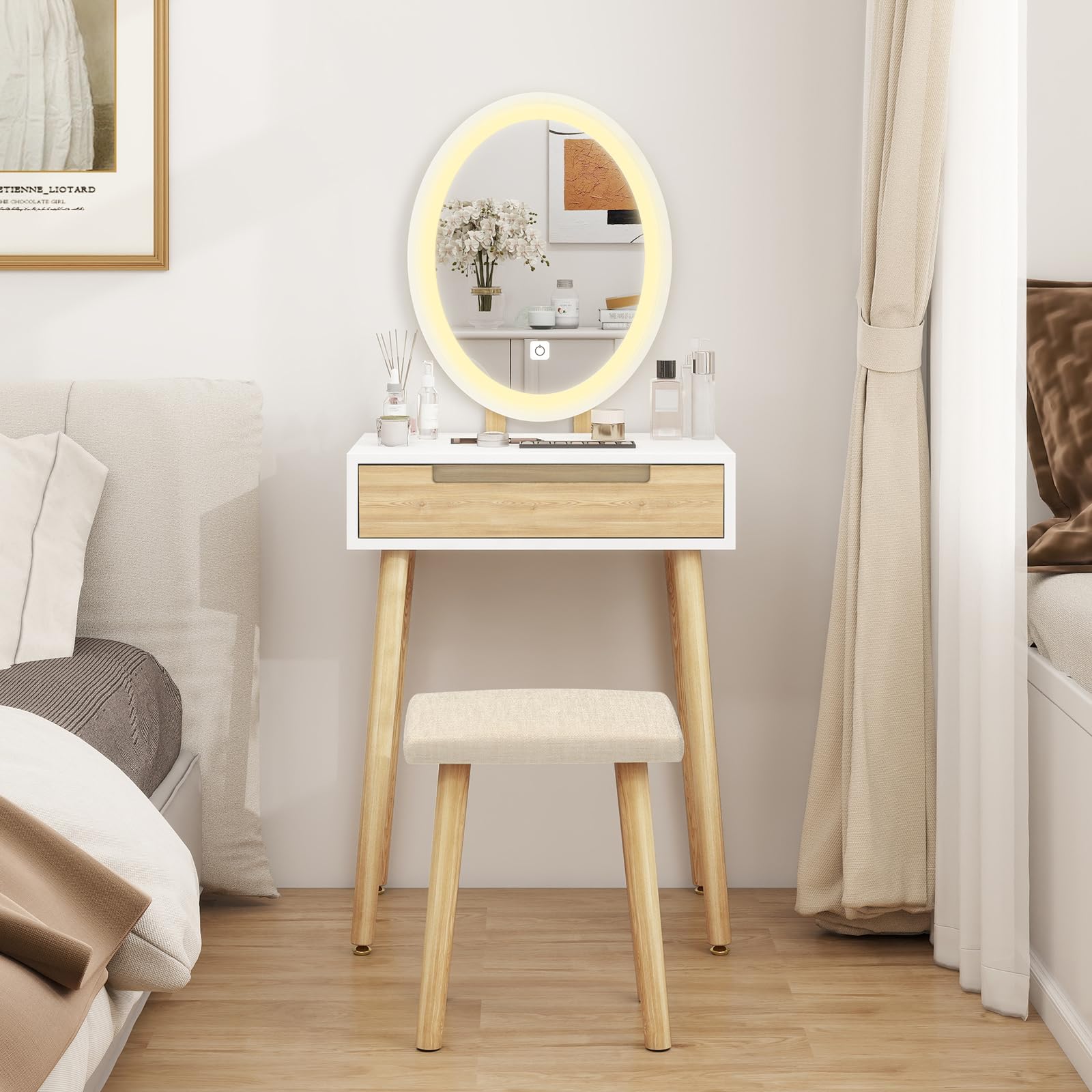YU YUSING Petite Coiffeuse LED 60 cm Largeur avec Miroir Ovale et Tabouret, 3 Couleurs, Lumière Dimmable, Table de Maquillage avec Rangement, Tiroir Coulissant, en Bois, Gain de Place, Couleur Bois