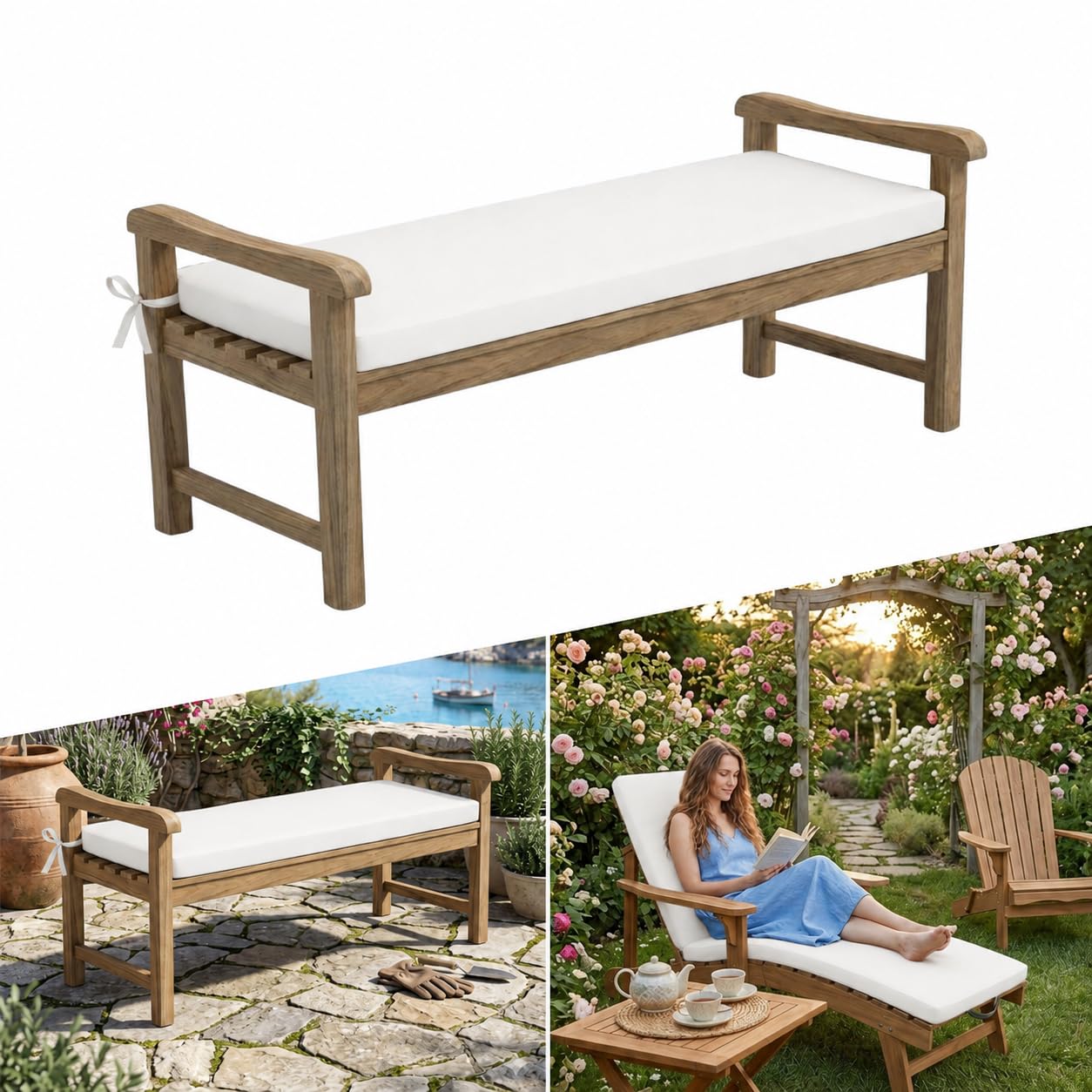 AZMAHT Waterproof Garden Bench Cushion Outdoor Furniture Cushions 2 3 4 Seater Garden Cushions 5cm Thick Bench Seat Pad with Straps & Removable Cover for Patio Swing Seat Sofa,white,130x50x5cm