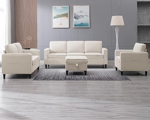 Miniatura 8 de PUREMIND Juego de sofás de 3 piezas, juego de sofás con patas de sofá de madera, muebles de sala de estar de lino con otomana de almacenamiento y