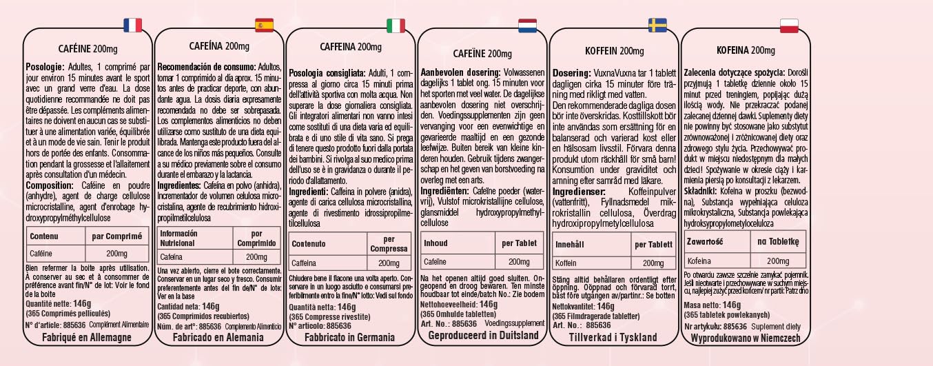 Comprimés de caféine 200mg, 365 comprimés, 200mg par comprimé, Haute dose, Faciles à avaler, 100% Vegans – fabrication allemande et tests en laboratoire, Premium et équitable