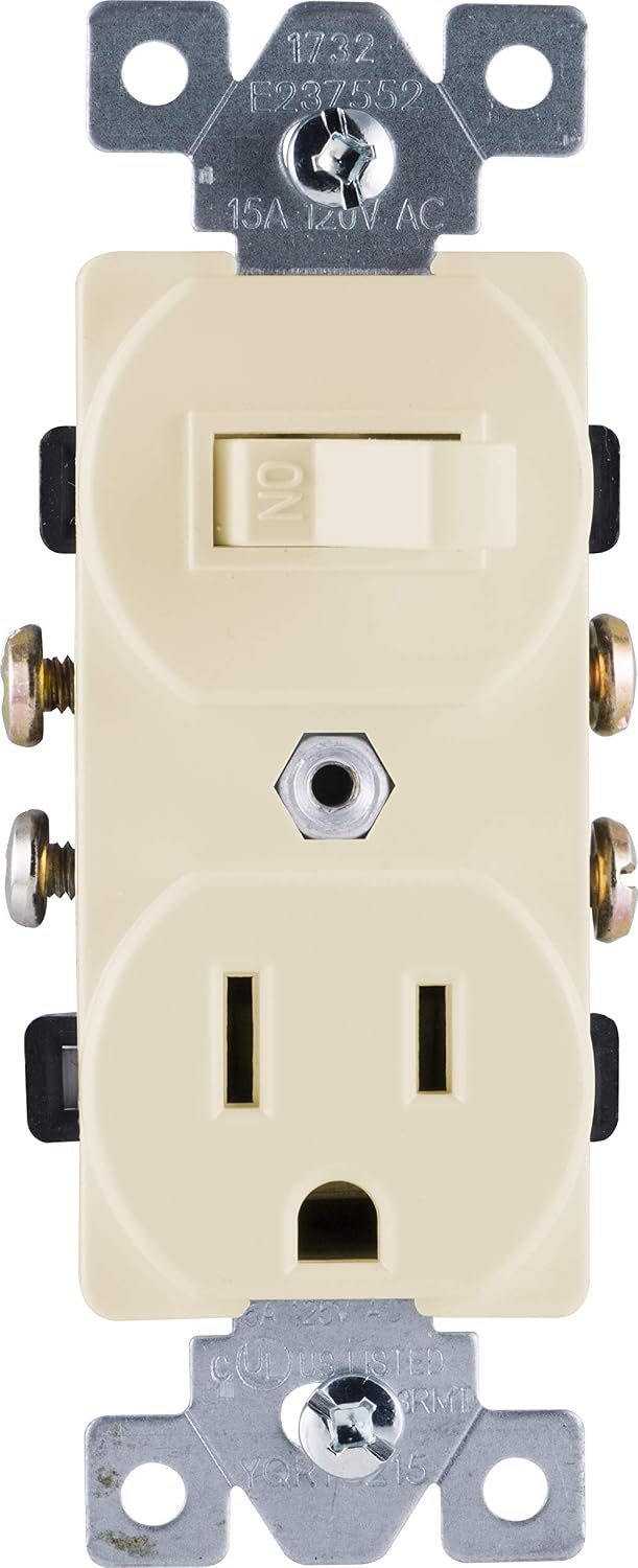 GE Switch & Outlet Combo 5 Pack, Two-in-One Receptacle, 1 On/Off Toggle Power, 1 Grounded AC Wall Plug, Single Pole, 3 Prong, 15 Amp, UL Listed, Almond, 44039 Light Switch Outlet, 5 Count