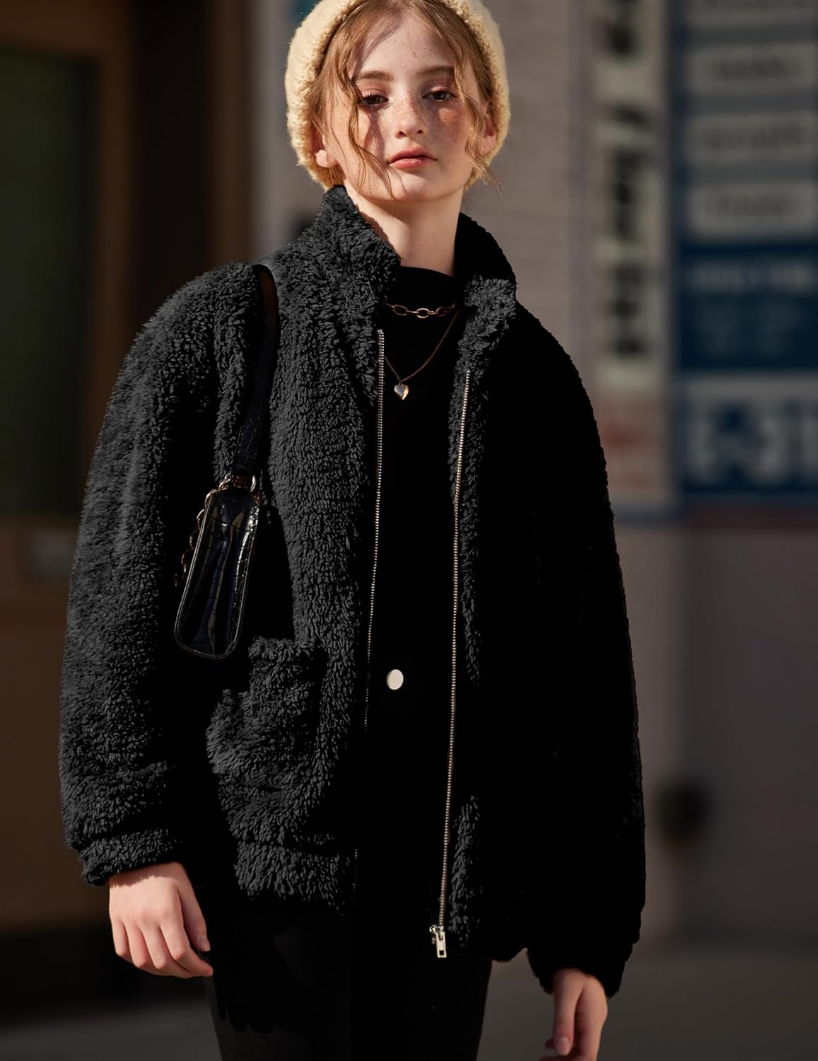 Arshiner Girls Full Zip Fleece Jacket Sherpa Outwear Coat Fall Winter for 4-12Y - Image 3