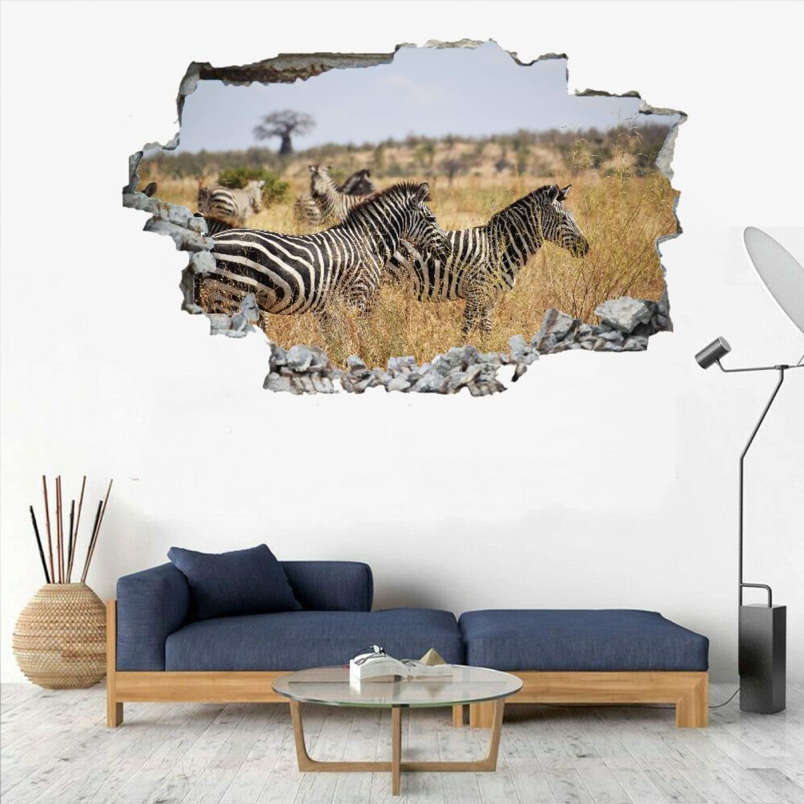 Wandbilder Wandtattoo 3D Zebra Wanddurchbruch Wandaufkleber Wiese B 120 x H 80 cm Fensterdeko Bilder Wanddeko Mädchen Aufkleber Selbstklebend Fenstersticker Wandsticker Kinderzimmer Deko
