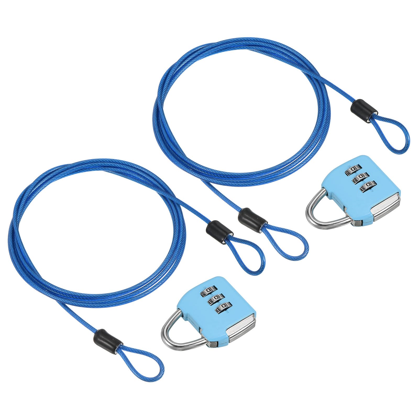 PATIKIL Security Steel Cable with 3 Digit Combination Lock, 2 Set Travel Padlock 4.9Ft Coated Safety Wire Rope Double Loop for Luggage Suitcase, Sky Blue