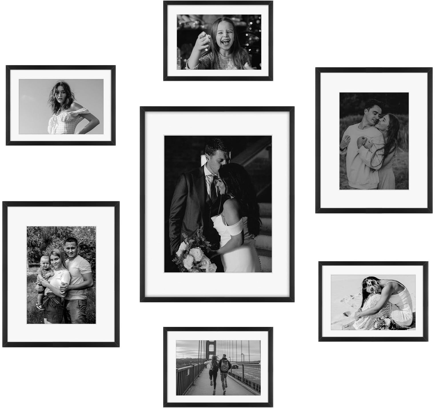 Frametory, Black Aluminum Picture Frame with Removable Mat - Set of 7 Includes Four 5x7, Two 8x10, One 11x14 - Real Glass Front - Simple Gallery Wall Frames for Art Prints and Posters