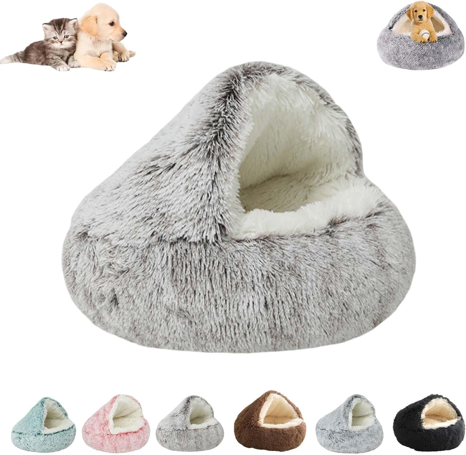 Cozy Cocoon Dog Bed, Plush Cave-Style Pet Bed with Hooded Cover, Cozy Cocoon Design for Small & Medium Dogs, Warm Snuggle Nest for Calming Comfort, Washable Anti-Slip Base (Coffee, 60 cm / 23.6in)
