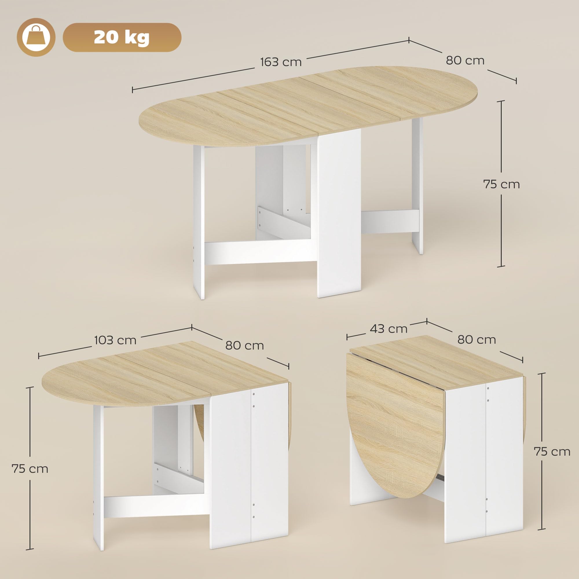 HOMCOM Tavolo da pranzo pieghevole fino a 6 persone in legno naturale e bianco | Tavolo pieghevole cucina ovale per piccoli spazi, sala da pranzo