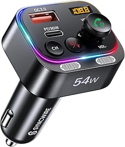 Syncwire Bluetooth 5.4 FM Transmitter Car Adapter 54W (PD 36W & 18W) [Stronger Dual Mics] [Light Switch] [HiFi Bass Sound] [Fast Charging] Wireless Radio Receiver Hands-Free Calling LED Display