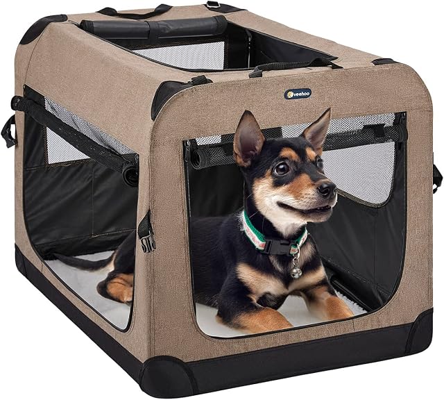 Veehoo Folding Soft Dog Crate, 3-Door Pet Kennel for Crate-Training Dogs, 5 x Heavy-Weight Mesh Screen, 600D Cationic Oxford Fabric, Indoor & Outdoor Use, 20", Beige Coffee