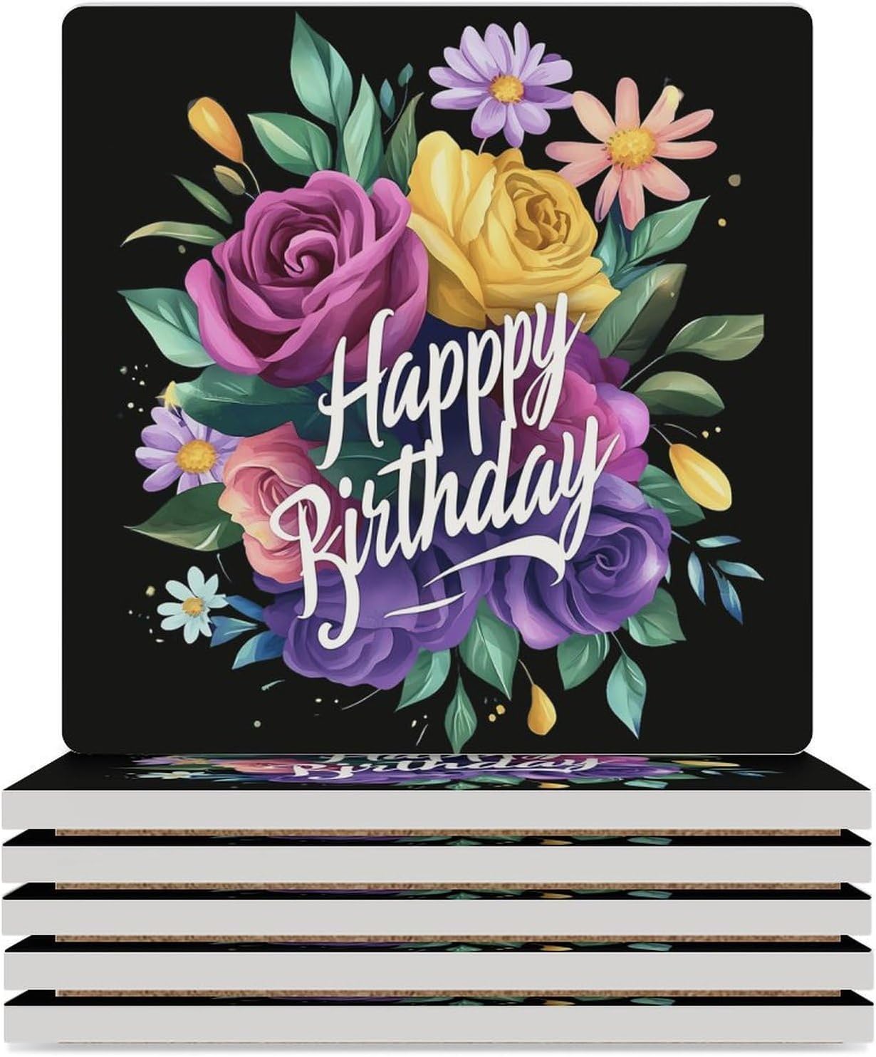 Colorful Floral Happy Birthday Ceramic Coasters Square Drinks Coaster Coffee Table Decor Table Coaster for Home Bar