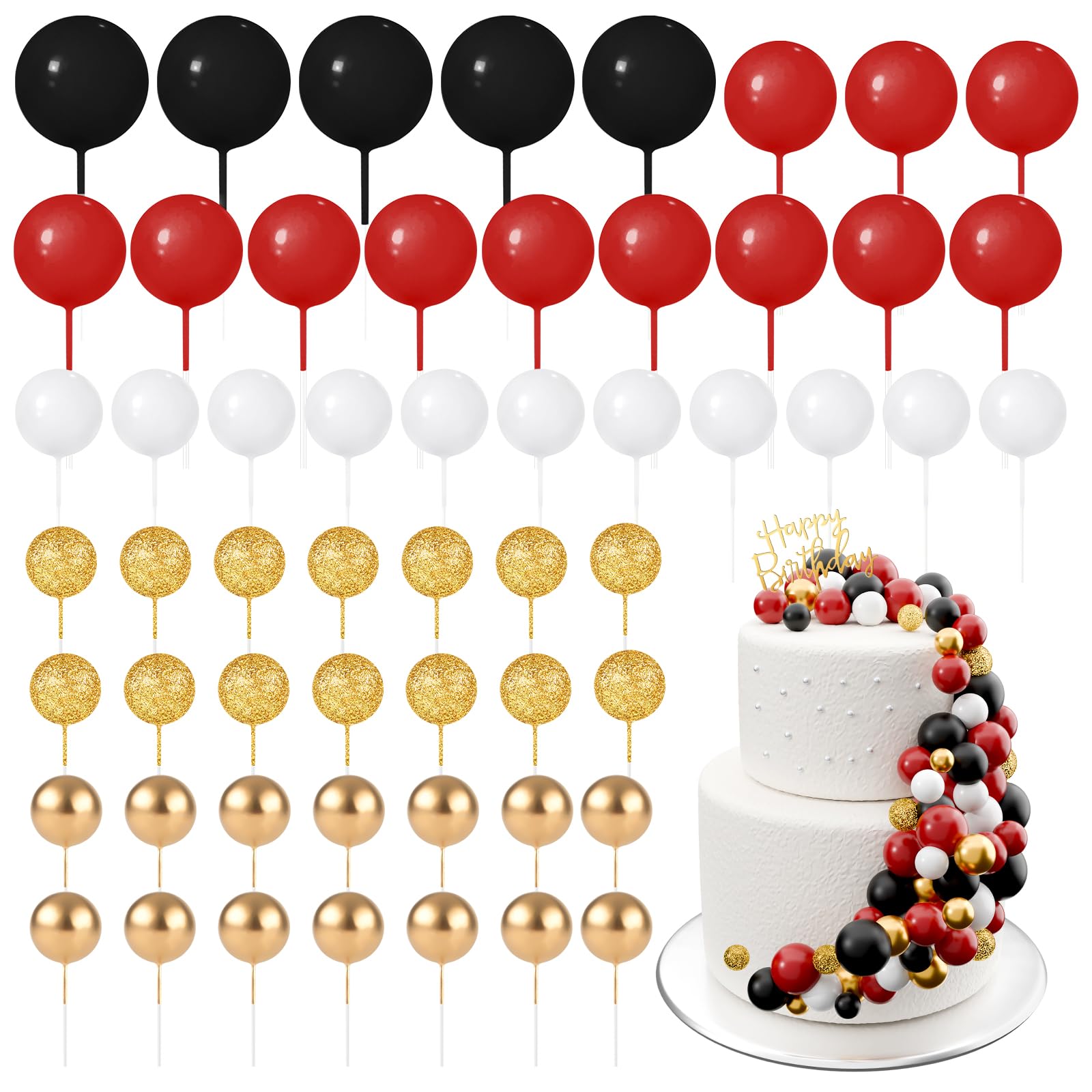 BOUBONI 60 Stück Tortendeko Kugeln Cake Topper Kuchen Kugeln Dekorationen Mini Ballons Tortenaufleger für Torte Dekorieren Geburtstag Party Babyparty (Glitzer Schwarz-Rot Serie)