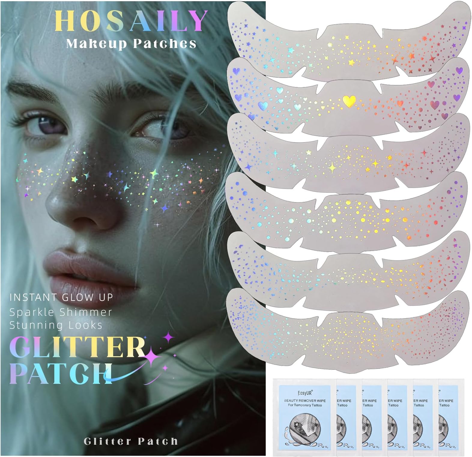 HOSAILY 6 pcs Holographic Glitter Freckles Face Tattoo, Waterproof Sparkle Body Glitter Speckles Patches for Women, Cute Star Glitter Stickers Temporary Tattoo Makeup Accessories for Festival Rave