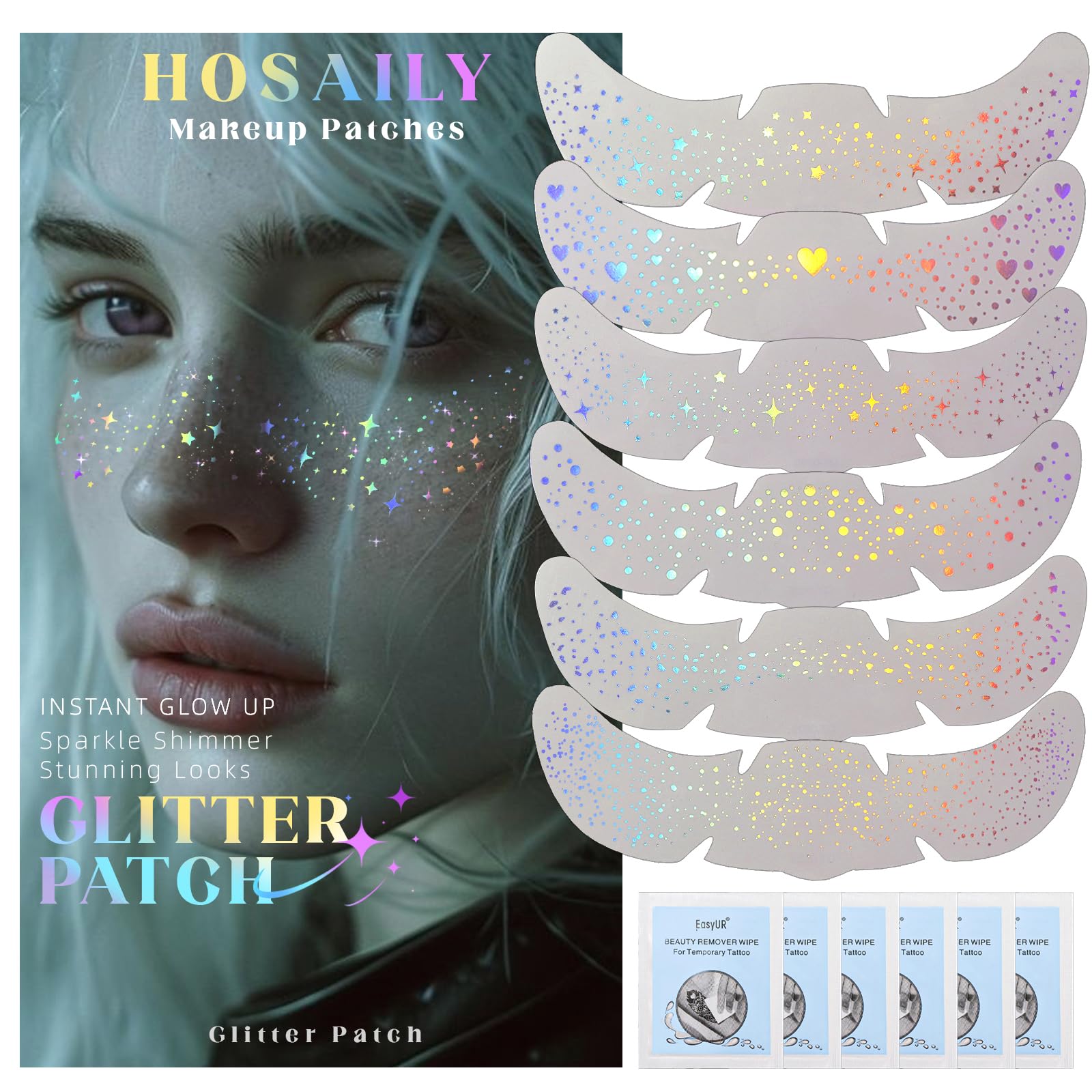 6 pcs Holographic Glitter Freckles Face Tattoo, Waterproof Sparkle Body Glitter Speckles Patches for Women, Cute Star Glitter Stickers Temporary Tattoo Makeup Accessories for Festival Rave