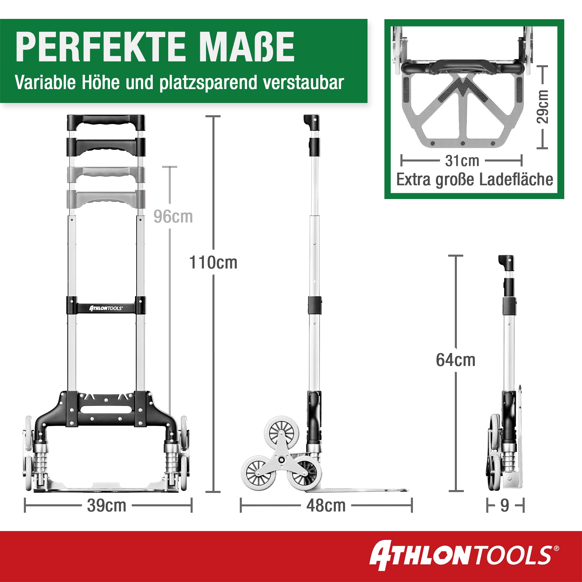 ATHLON TOOLS Treppensteiger Sackkarre klappbar TÜV GS-geprüft – Profi Treppensackkarre aus Aluminium leicht - Extra Langer Griff 110cm & Ladefläche mit Anti Rutsch Pads - Transporthilfe für Treppen