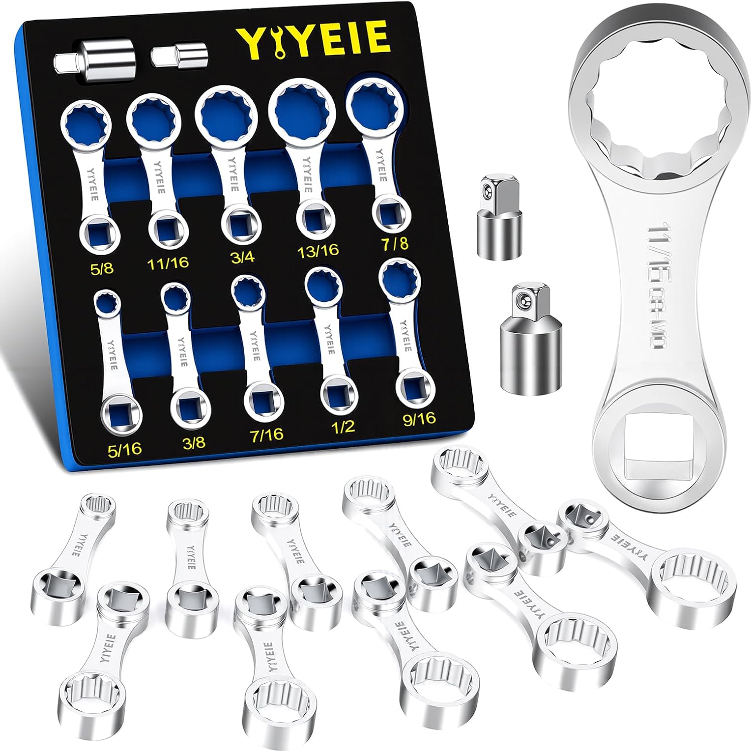 12PCS Torque Adapter Set SAE, 5/16", 3/8", 7/16", 1/2", 9/16", 5/8", 11/16", 3/4", 13/16", 7/8", 3/8" Drive Torque Wrench Adapter, 12 Point Torque Extender Adapter with 1/2" + 1/4" Adapter