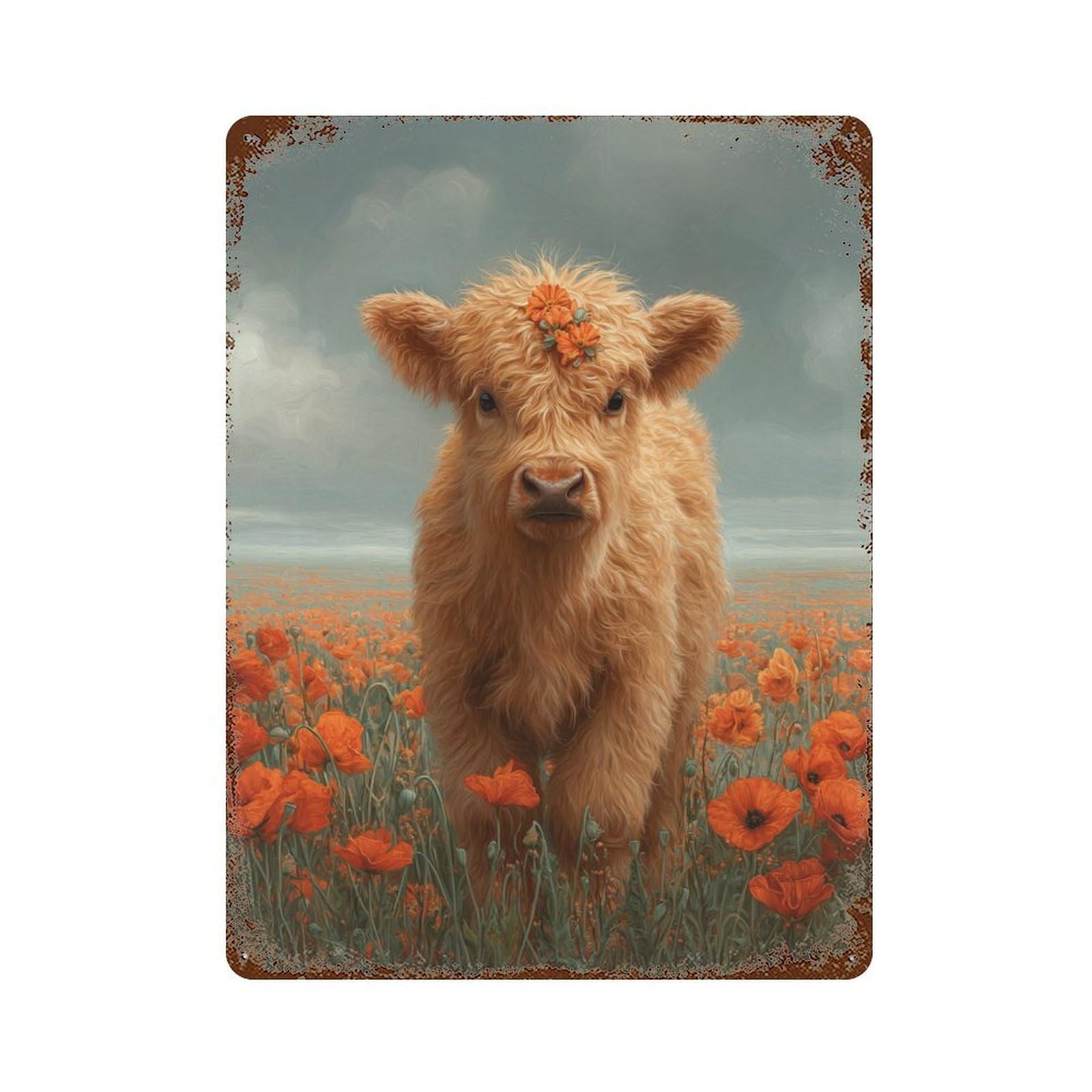 Floral Cow in Field Rusty Metal Tin Sign 15.7"x11.8", for Pub, Kitchen And Man Cave Decor, Novelty Wall Decor