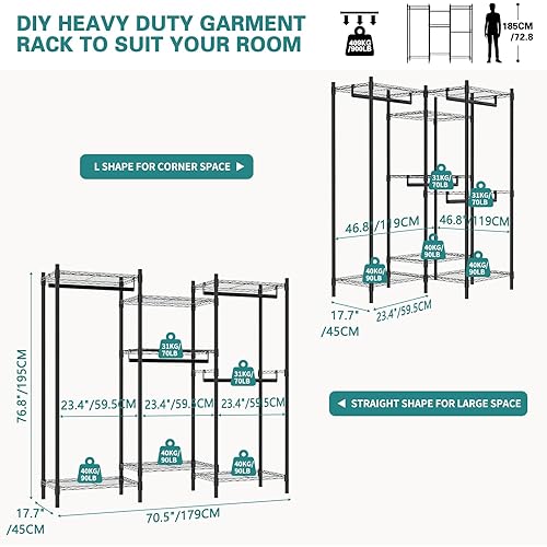 Miniatura 5 de EasyCom Percheros ajustables para bricolaje, 7 estantes resistentes para colgar ropa, armario de metal independiente con 4 barras de armario,