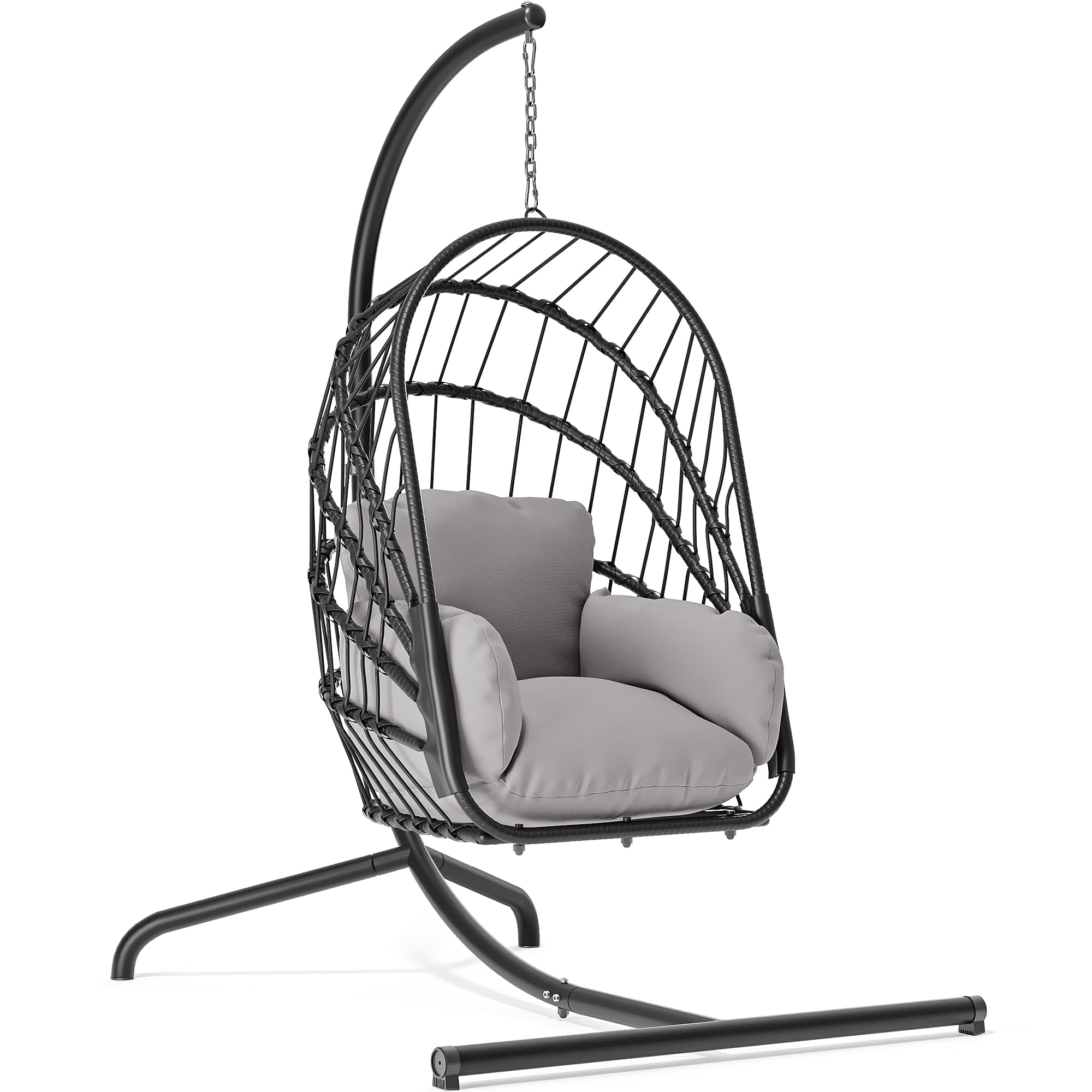 YITAHOME Hängesessel mit Ständer, Rattan-Korb Schaukelstuhl mit strapazierfähiger Polsterung, 160 kg Tragfähigkeit, Klappbarer Hänge-Korbstuhl für Terrasse, Garten, Schlafzimmer, Balkon (Grau)