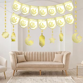 Eid Mubarak Decorations Ramadan Decorations Ramadan Mubarak Banner Eid Mubarak Banner for Home Gold Wall Decoration Bunting Set Ramadhan Kareem Banners Happy Ramzan Decor Garland