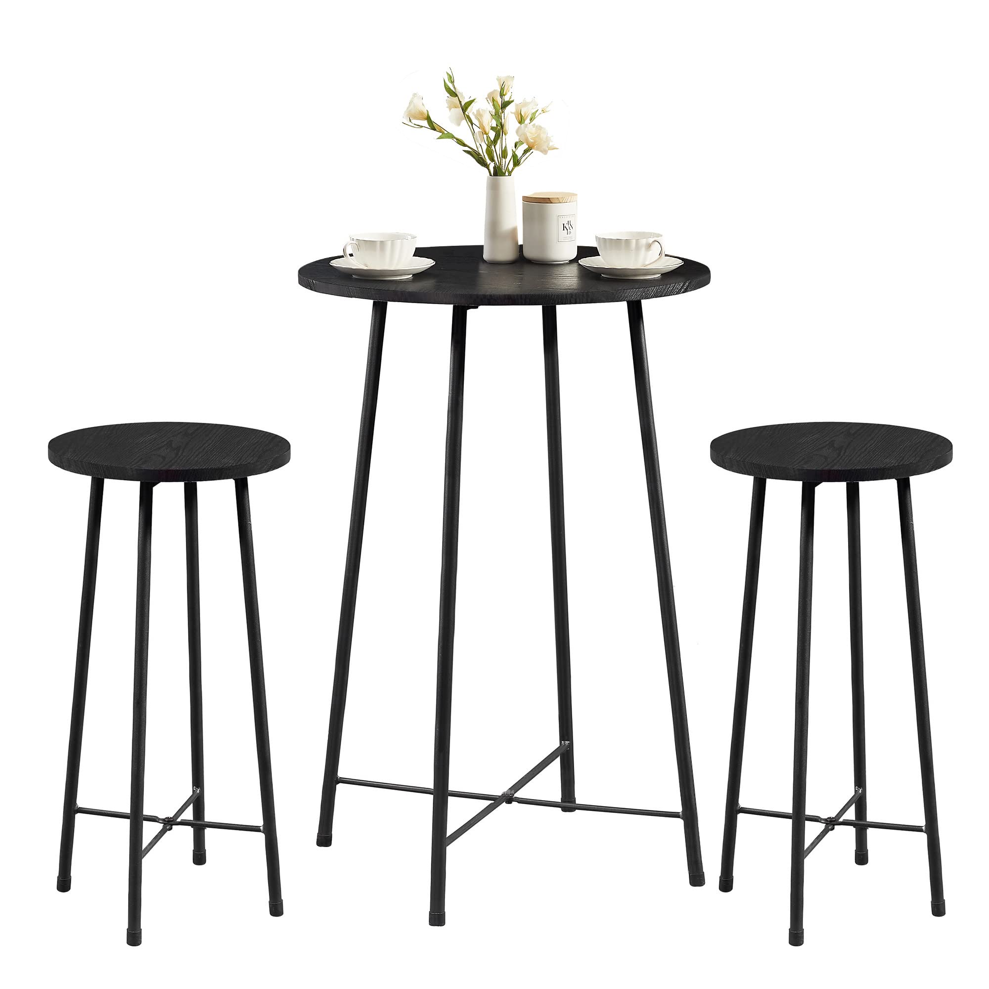 VECELO 3 Piece Sets, Round Bistro Table and Chairs Set of 2, Counter Height Wood top,Small Spaces Saving for Dining Room Breakfast,Coffee, Bar-Black
