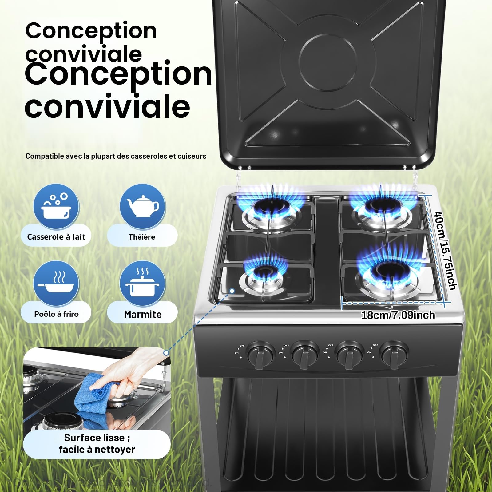 Réchaud à gaz d'extérieur à 4 brûleurs, réchaud à gaz portable avec double couche de mémoire et design coupe-vent, réchaud à gaz portable pour camping et extérieur (noir)
