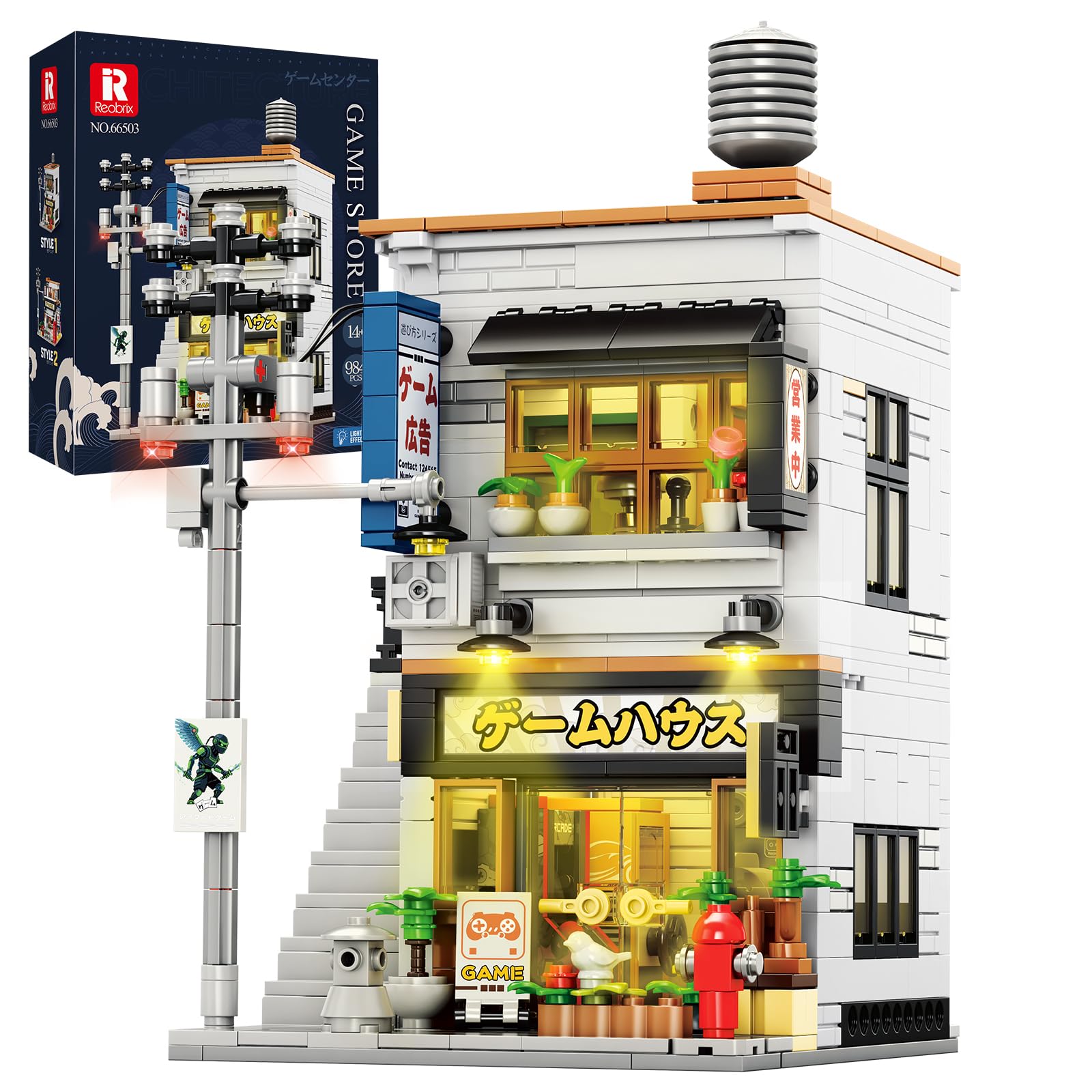 Reobrix Japanese Game Store Building Blocks with Light, 2 in 1 Japanese Street View House Model Set 66503, Creative Modern Construction Toy, Ideal