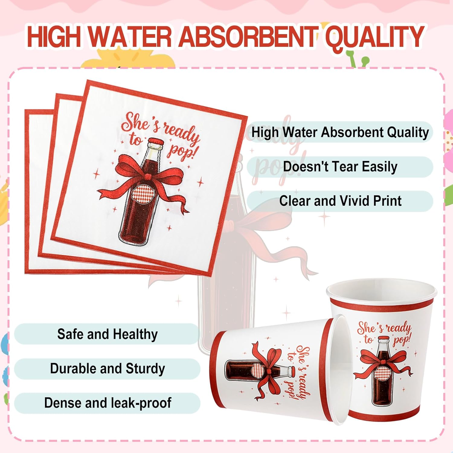 400 Pcs /50 Set She's Ready to Pop Baby Shower Decorations Soda Theme Ready to Pop Party Supplies Include Plates Cups and Napkins Sets with Plastic Forks Knives Spoons for Birthday Decorations