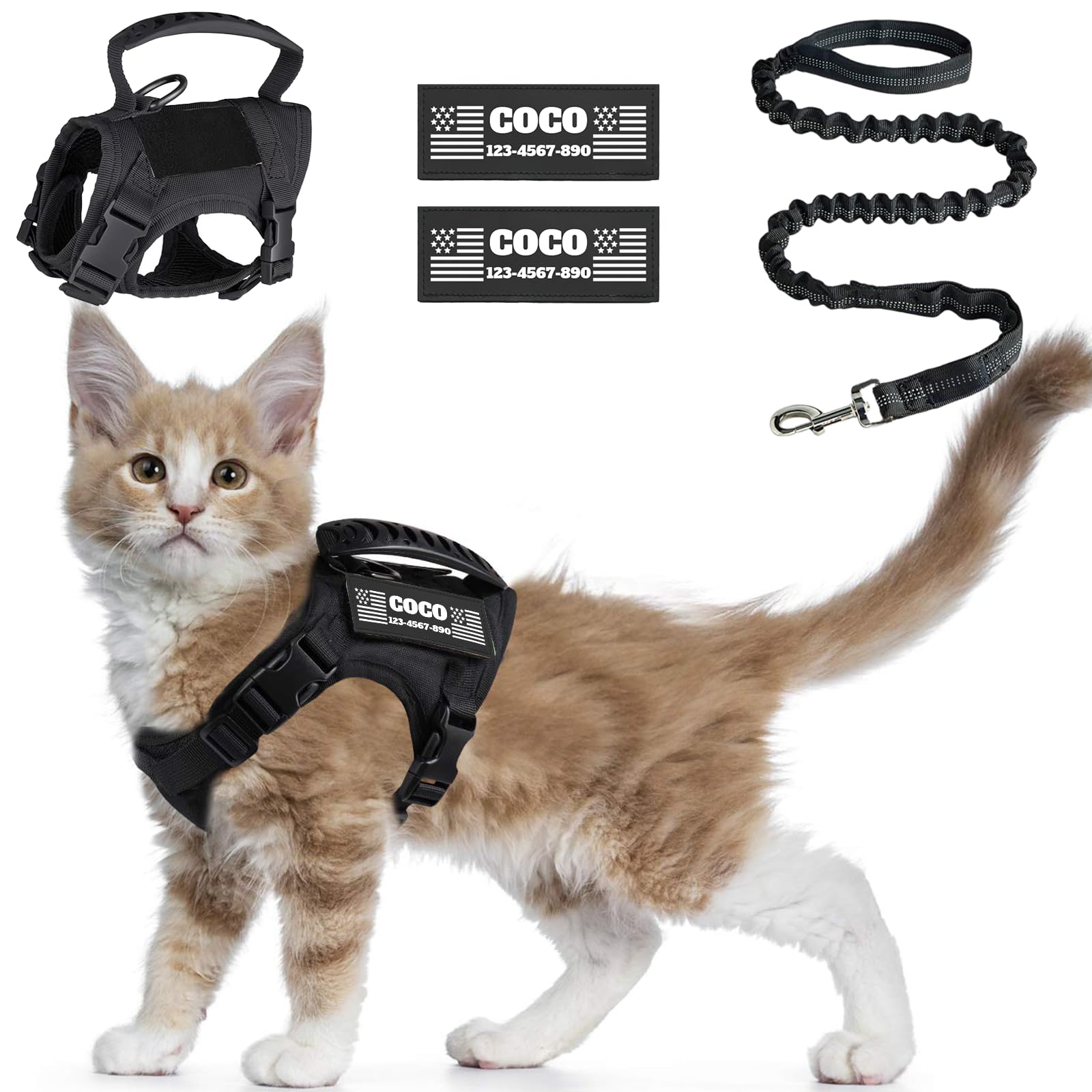 CHRYMPETIC Tactical Cat Harness Escape Proof for Walking with Personalized Patches - Adjustable Cat Harness 8-20lbs Escape Proof - Soft Vest for Large