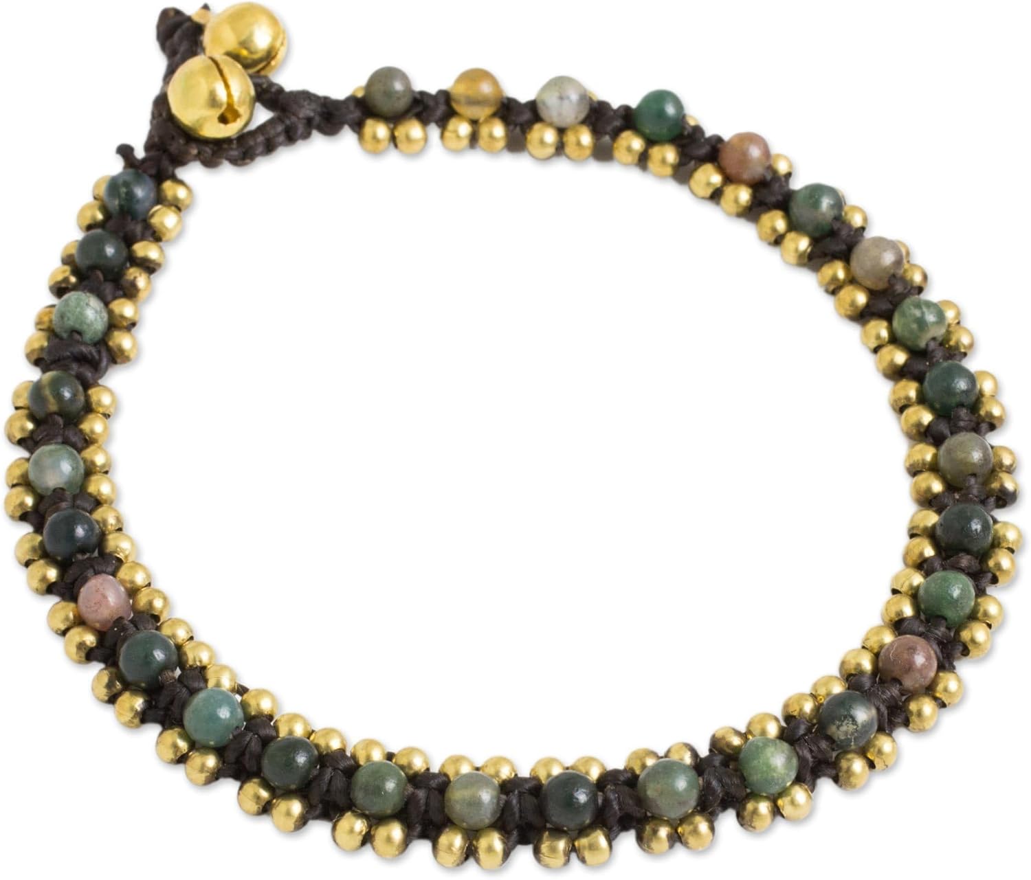 NOVICA Artisan Handmade Agate Anklet Thailand Crocheted with Brass Beads Bells Green Gold Tone Brown Beaded Dried Herb Bohemian Birthstone [9.5 in min L x 9.75 in max L 9 mm W] ' Tinkling Bells'